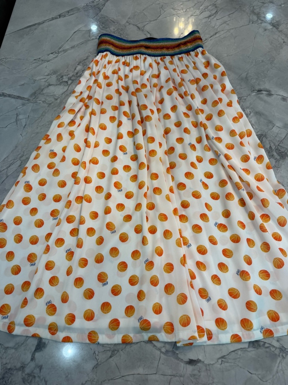 Koch White Midi Skirt w Basketballs and Rainbow Elastic Waist Size M NWOT